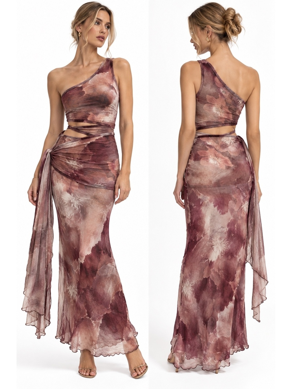 PrettyLittleThing NWT One Shoulder Mesh Maxi Dress US 6 Y2K Ruched Cutout Floral